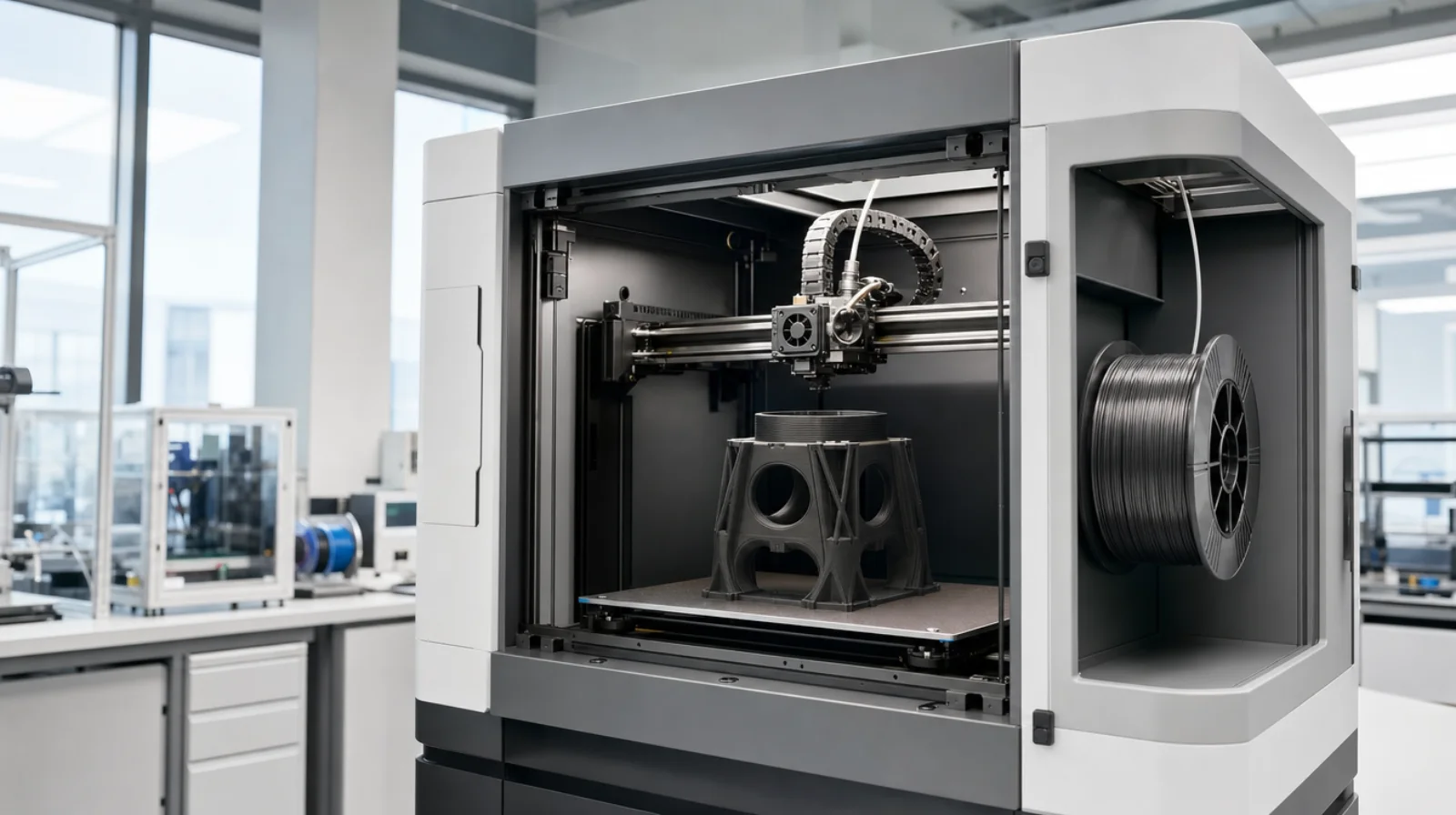 Impressora FDM industrial com câmara aberta e peça em construção